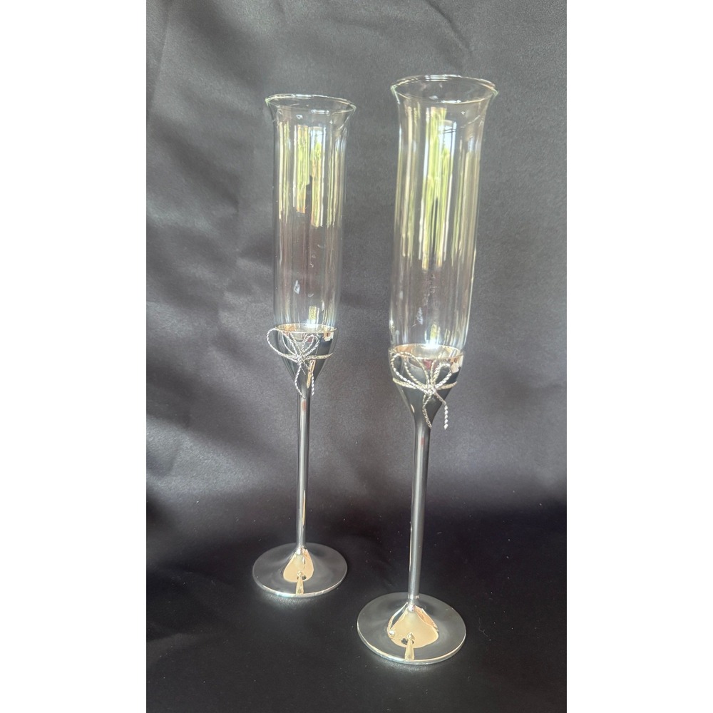 Vera Wang Wedgwood Love Knots Champagne Flutes Silver Plated Toasting Glasses 2